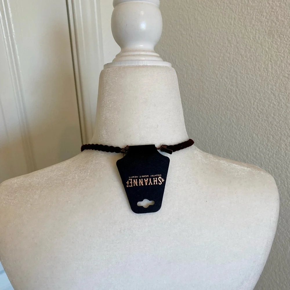 Shyanne NWT Faux Turquoise Faux Leather / Suede Necklace Brown / Copper Fringe - Picture 2 of 3